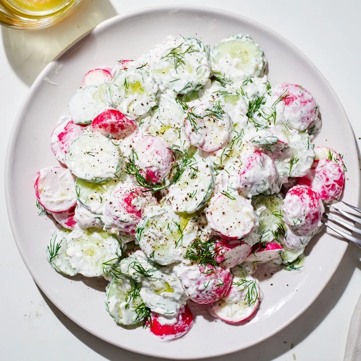Cool cucumber radish yogurt dill salad garnished with fresh dill sprigs