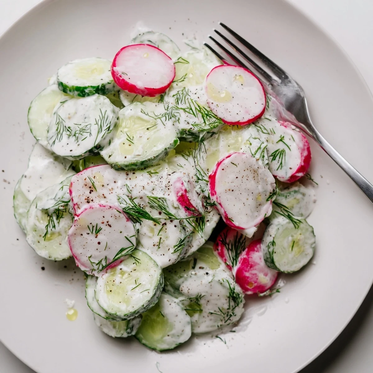 Crisp sliced cucumbers and peppery radishes coated in tangy yogurt dill dressing