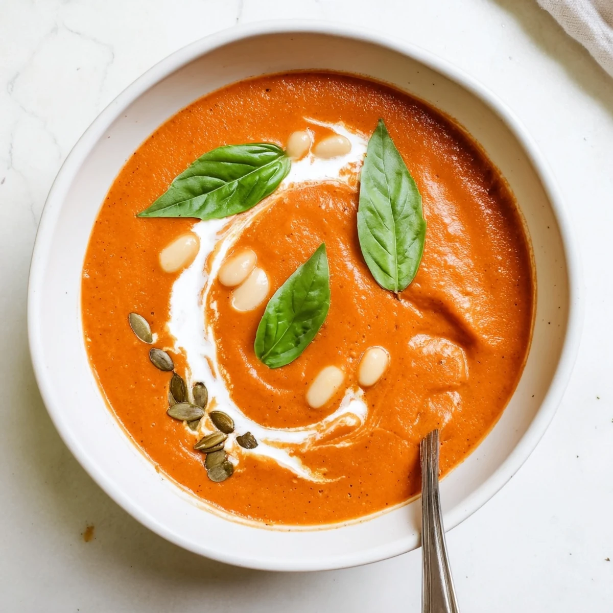 Creamy high protein tomato soup topped with fresh basil and a yogurt swirl