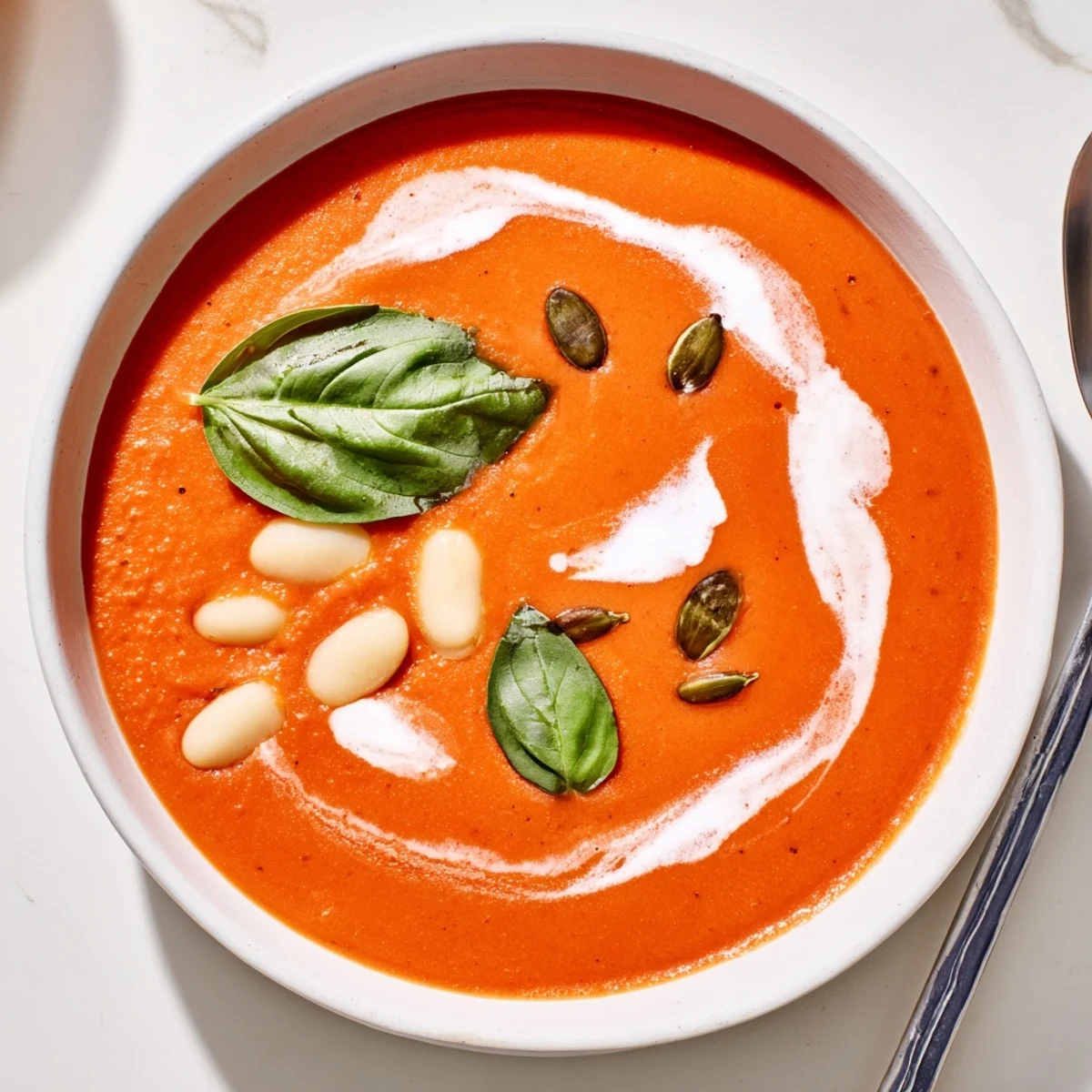 Steaming bowl of high protein tomato soup garnished with pumpkin seeds and herbs