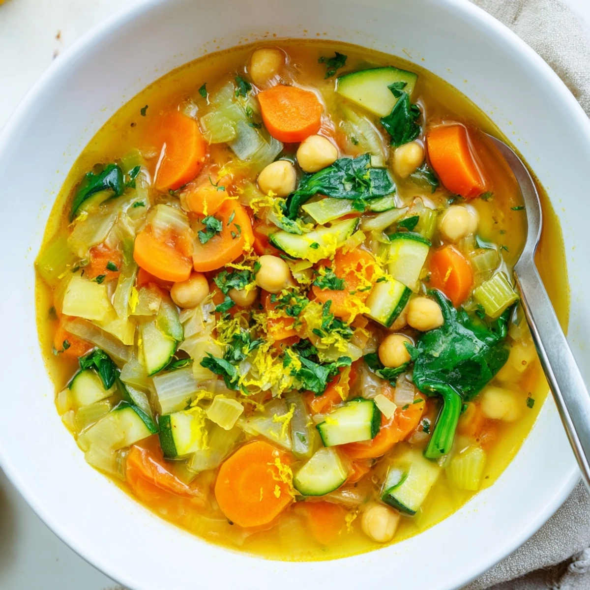 Steaming bowl of Vegan Italian Penicillin Soup brimming with colorful vegetables and tender chickpeas