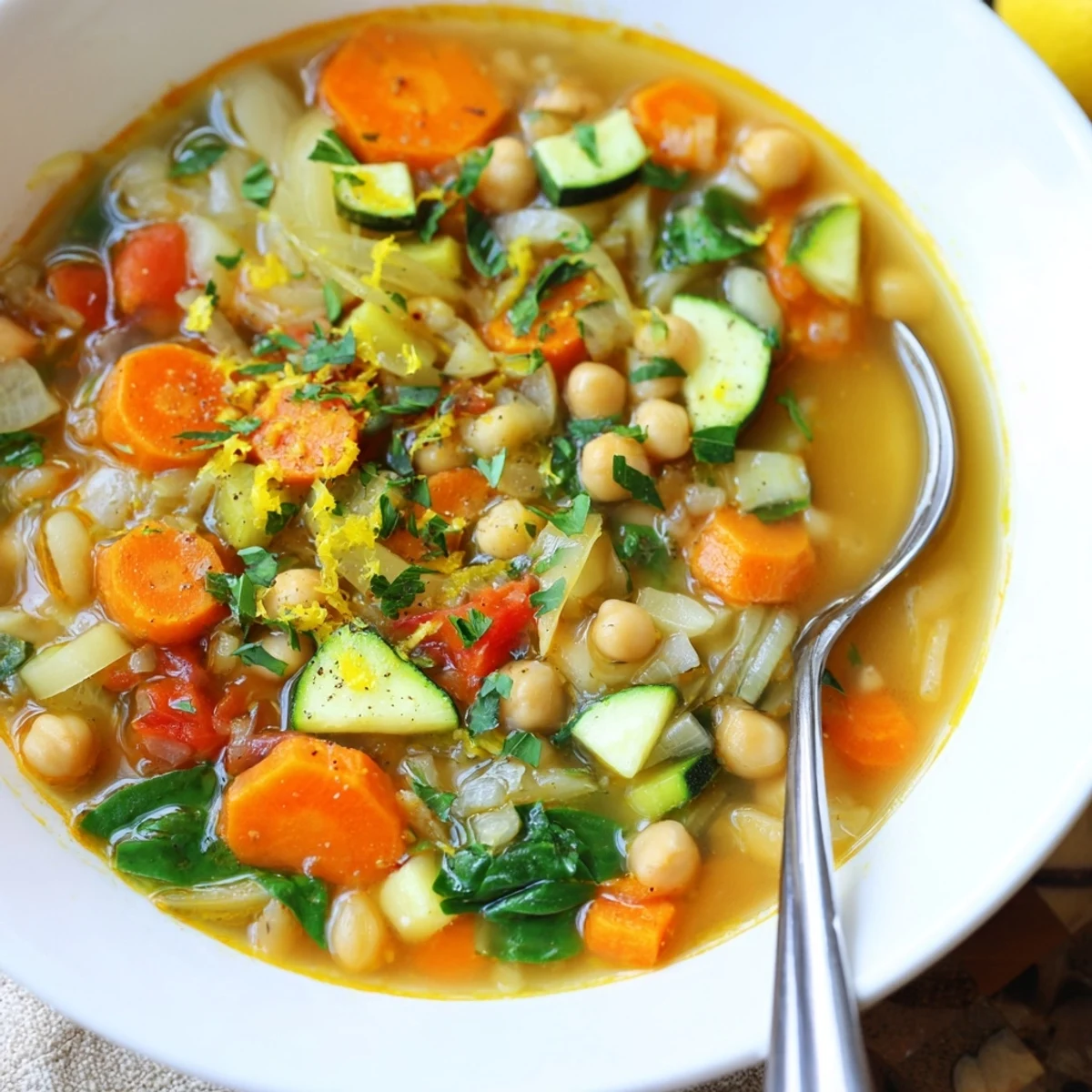 Creamy Vegan Italian Penicillin Soup loaded with carrots, zucchini, and bright leafy greens