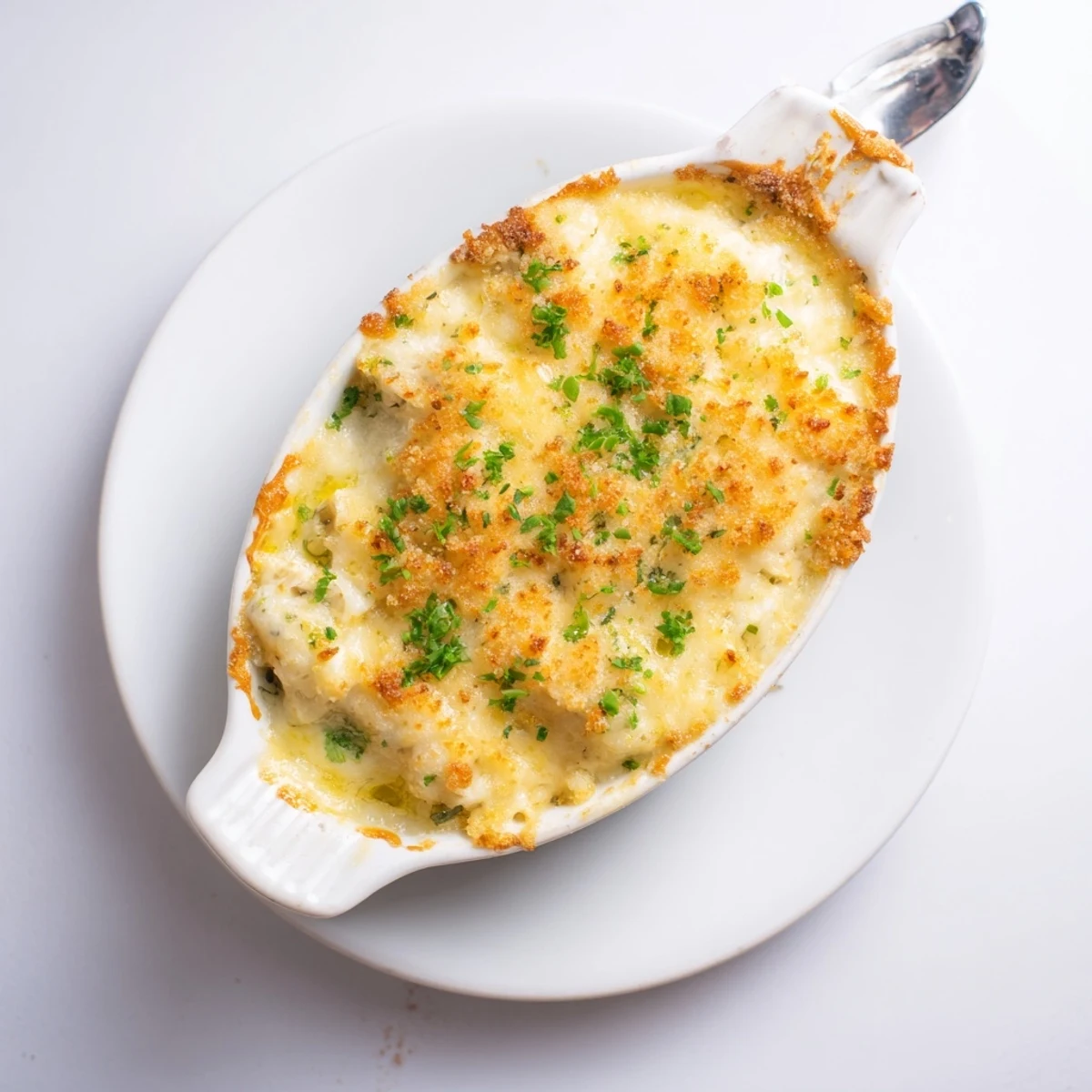 Golden bubbling cheesy crab au gratin with crispy panko crust in a baking dish