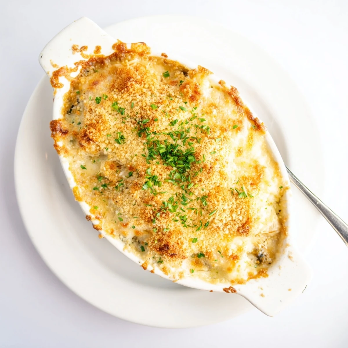 Creamy cheesy crab au gratin topped with melted Gruyère and toasted breadcrumbs