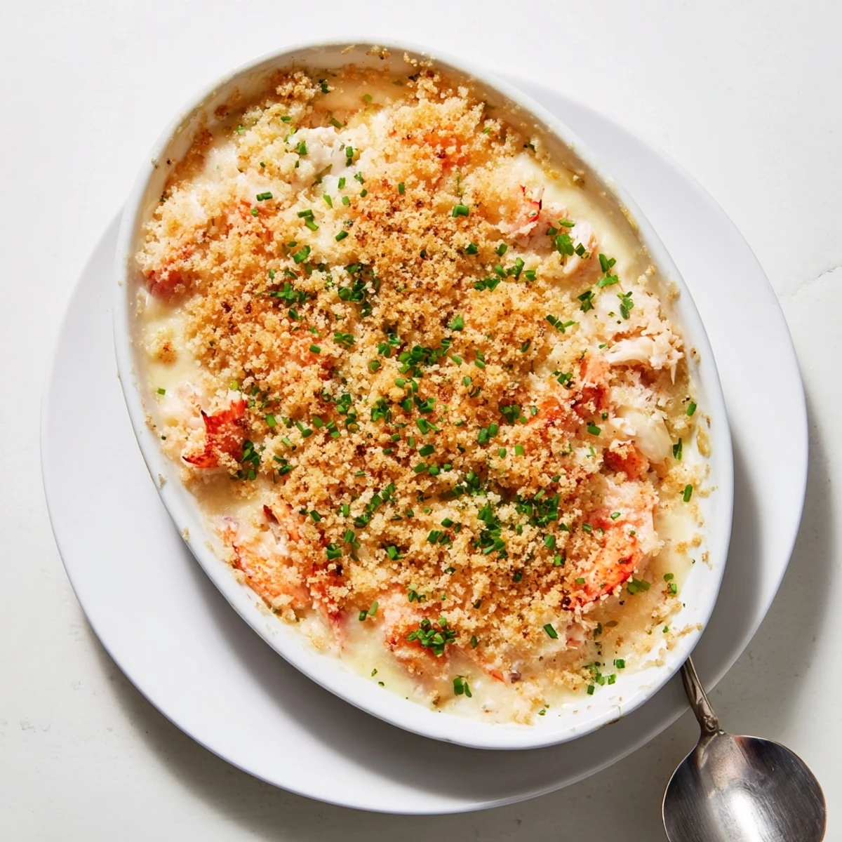 Spoonful of rich cheesy crab au gratin pulled from a golden Parmesan crust