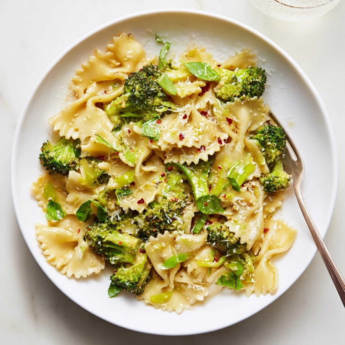 Steaming plate of mafaldine limone broccoli pasta garnished with fresh basil and cracked black pepper