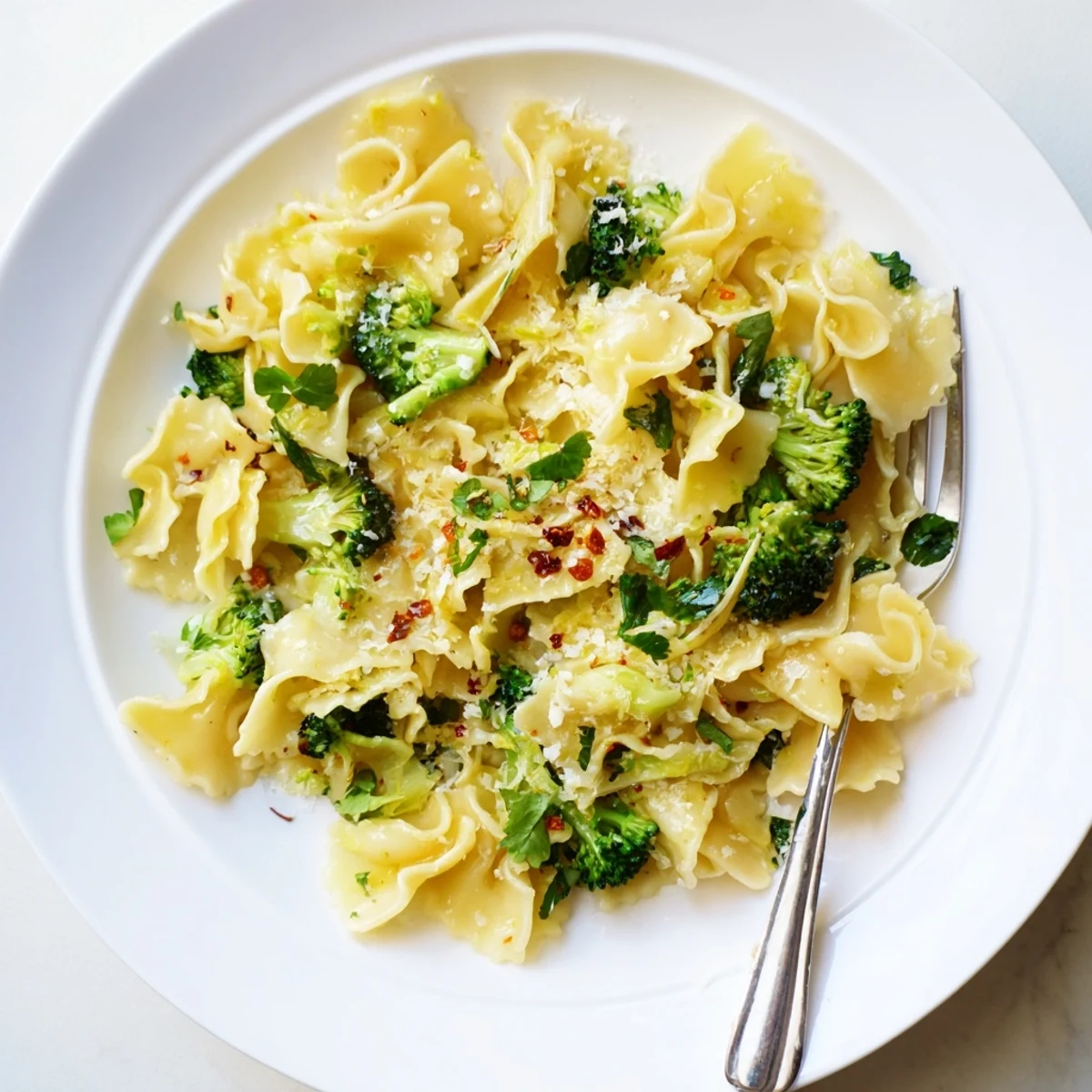 Tender broccoli and ribbon-shaped mafaldine limone broccoli pasta tossed in zesty lemon Parmesan sauce