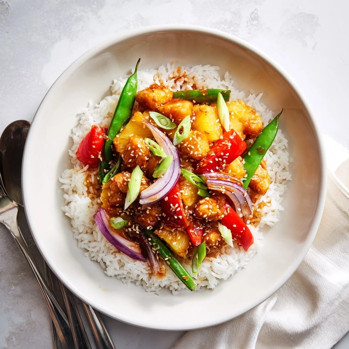 Golden chicken and caramelized pineapple chunks served over fluffy white rice in a tropical pineapple chicken rice bowl