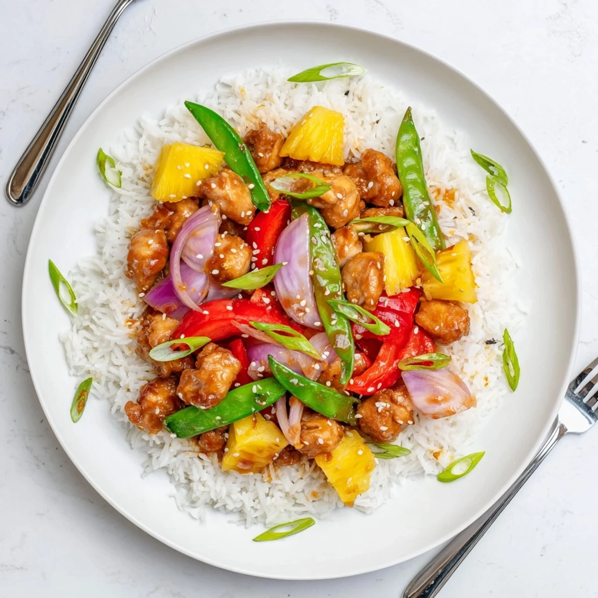 Close-up of a pineapple chicken rice bowl drizzled with sticky soy-ginger glaze and fresh scallions