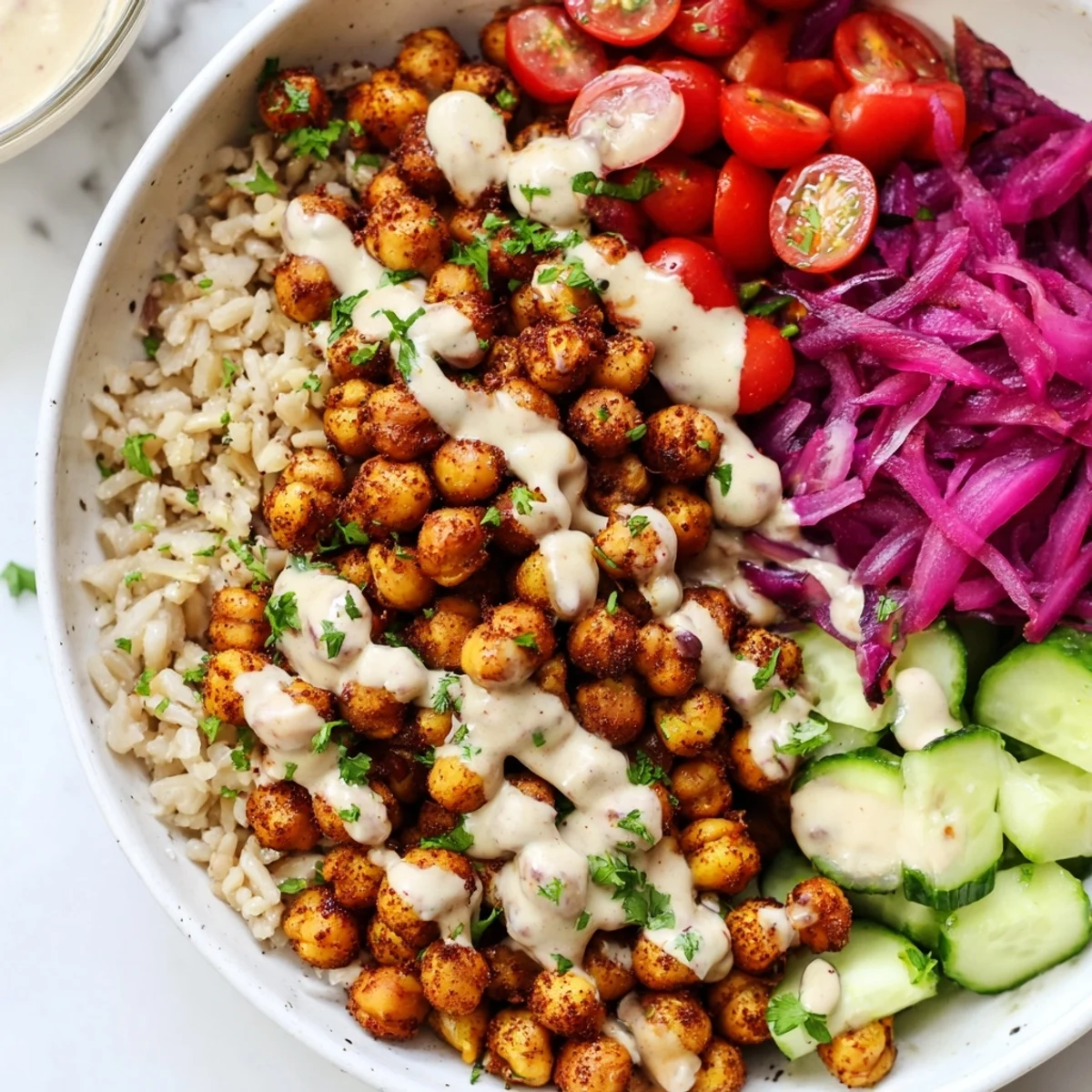 Golden crispy chickpea shawarma bowl drizzled with creamy tahini sauce and fresh vegetables