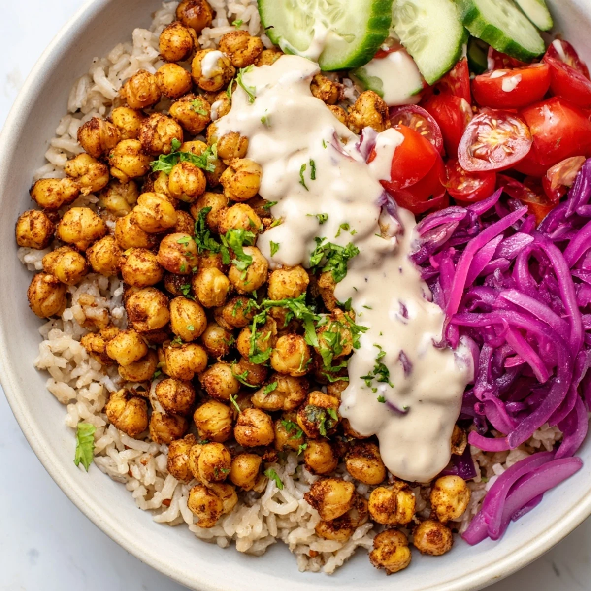 Colorful chickpea shawarma bowl featuring spiced roasted chickpeas over rice with tangy pickled cabbage