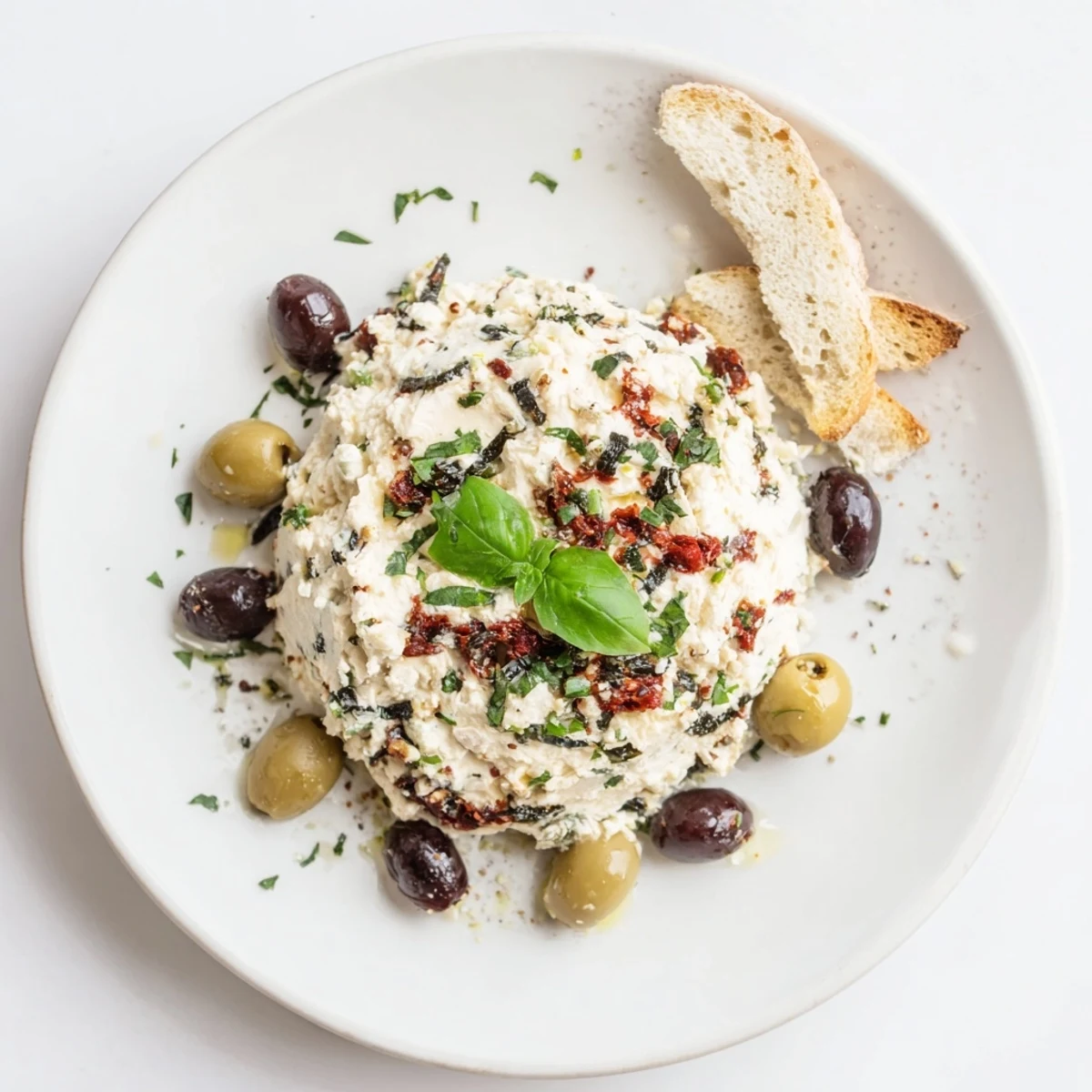 Creamy Italian Style Olive And Cheese Spread served on crispy toasted crostini rounds
