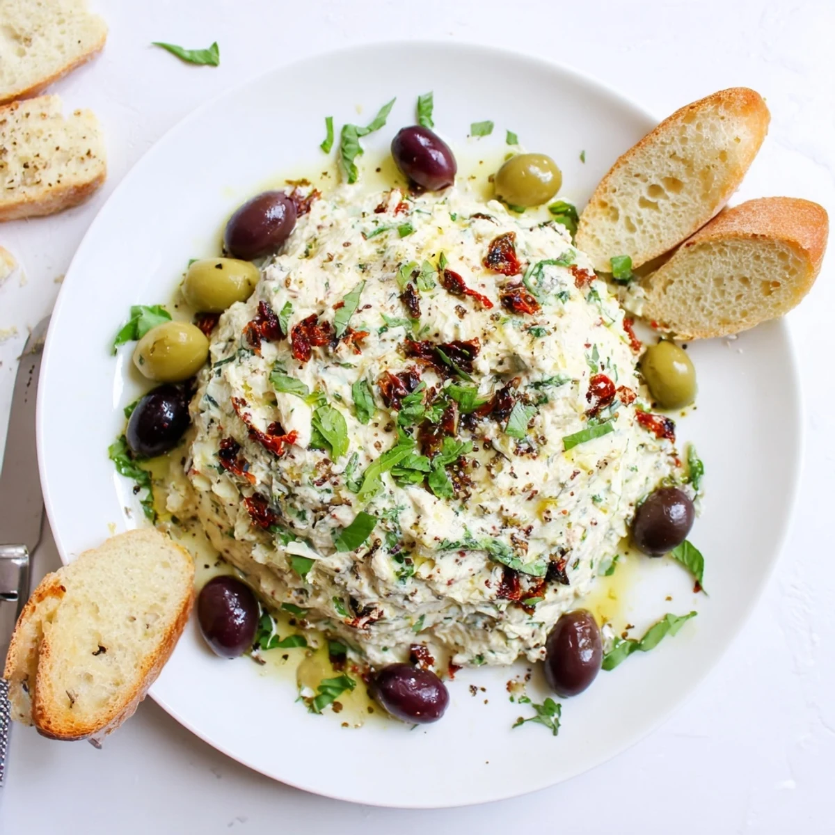 Italian Style Olive And Cheese Spread topped with fresh basil and cracked pepper