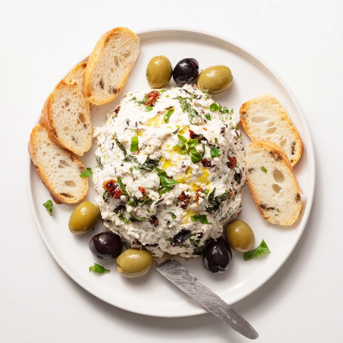 Rustic bowl of Italian Style Olive And Cheese Spread surrounded by artisan crackers and olives