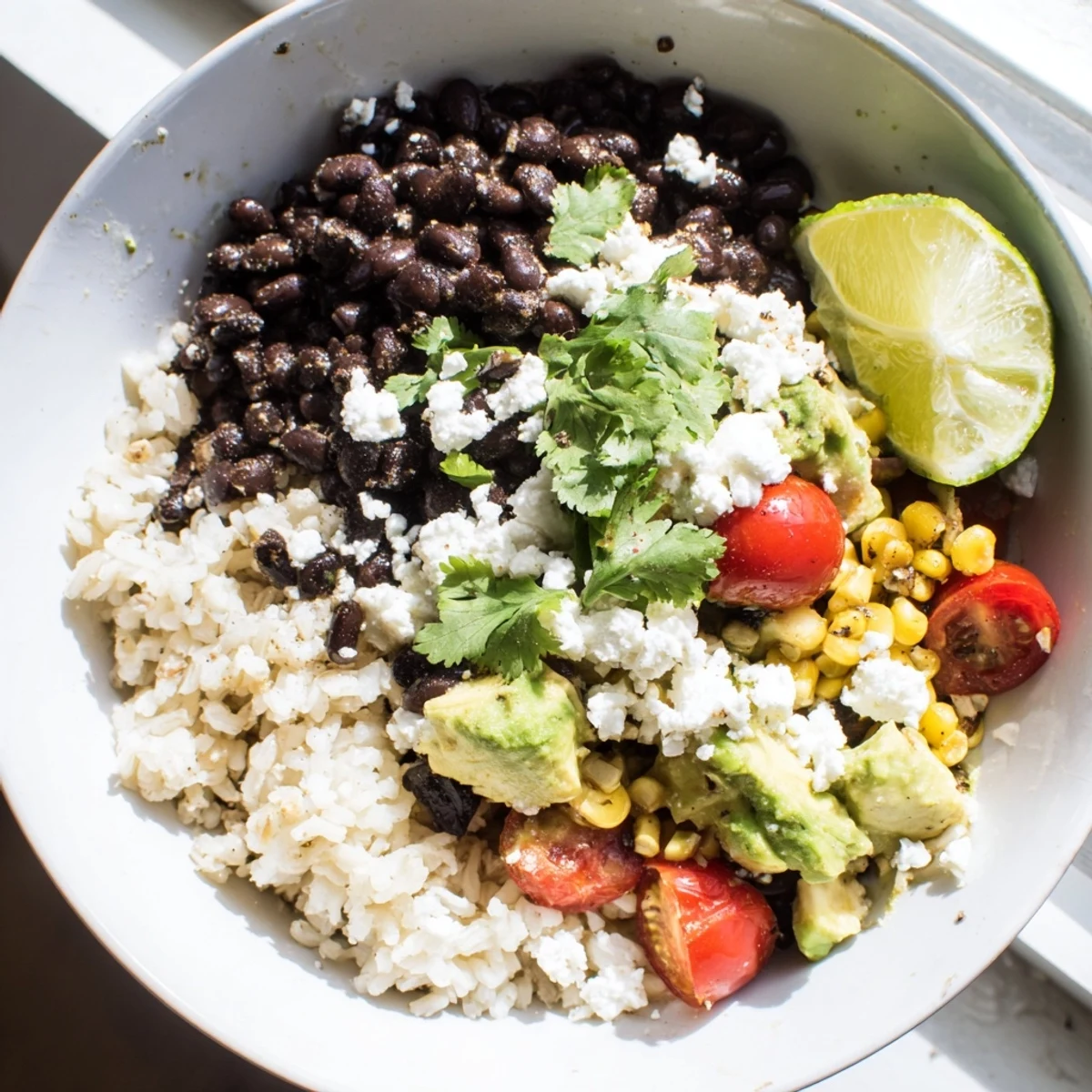 Hearty black bean and rice bowl topped with fresh avocado, tomatoes, and cilantro
