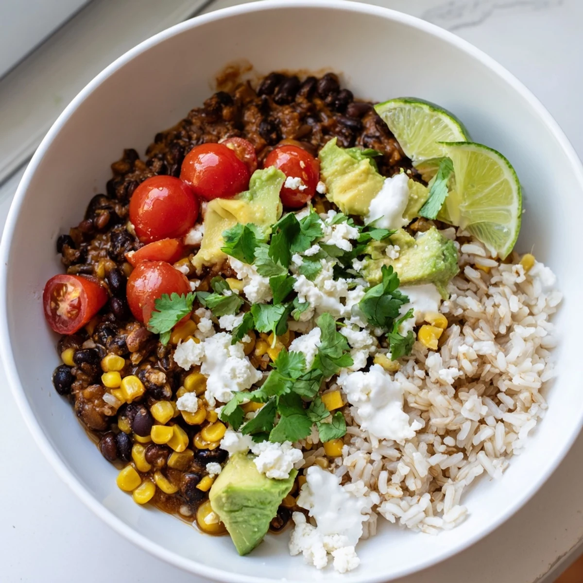 Colorful black bean and rice bowl loaded with corn, queso fresco, and herbs