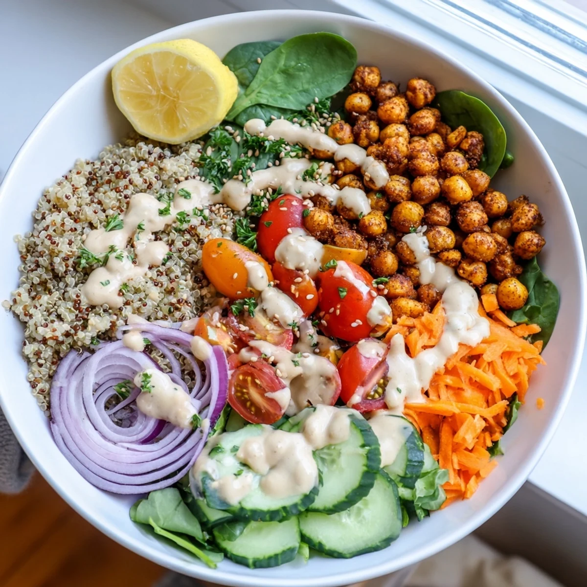 Crispy roasted chickpeas top this vibrant quinoa chickpea bowl with fresh garden vegetables