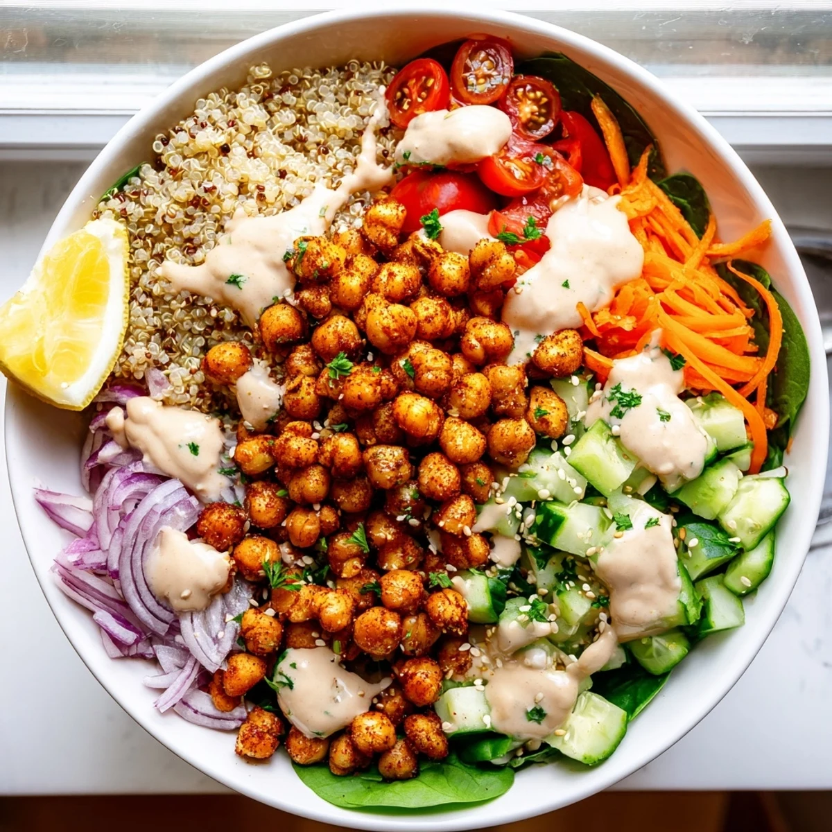 Colorful quinoa chickpea bowl with roasted spices and creamy lemon tahini dressing