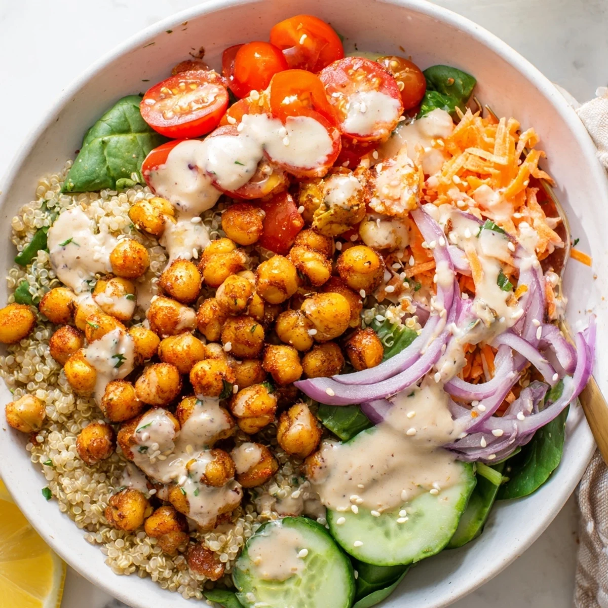 Steaming quinoa chickpea bowl drizzled with zesty tahini sauce and toasted sesame seeds