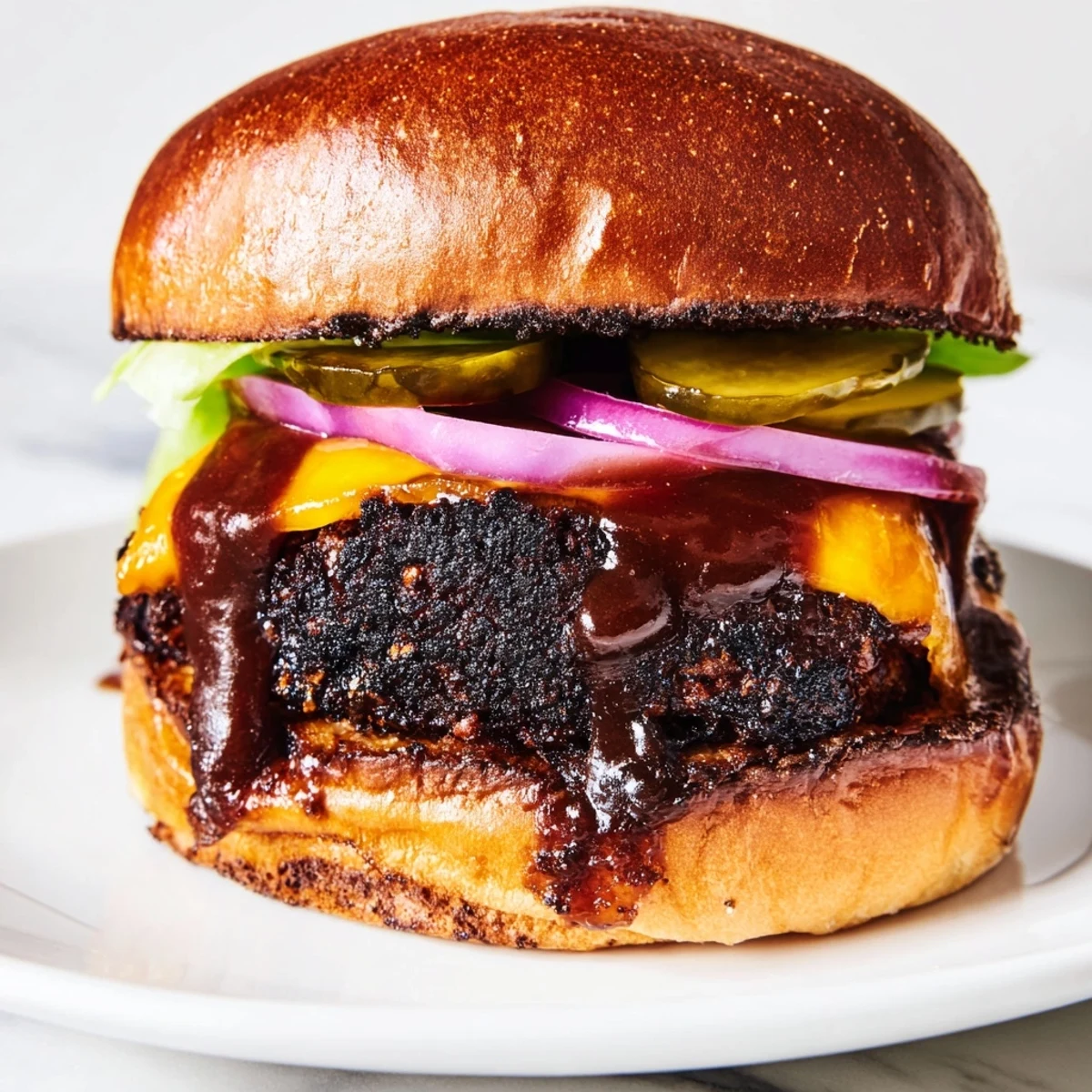 Juicy coffee rub burgers with smoky BBQ sauce on toasted brioche buns