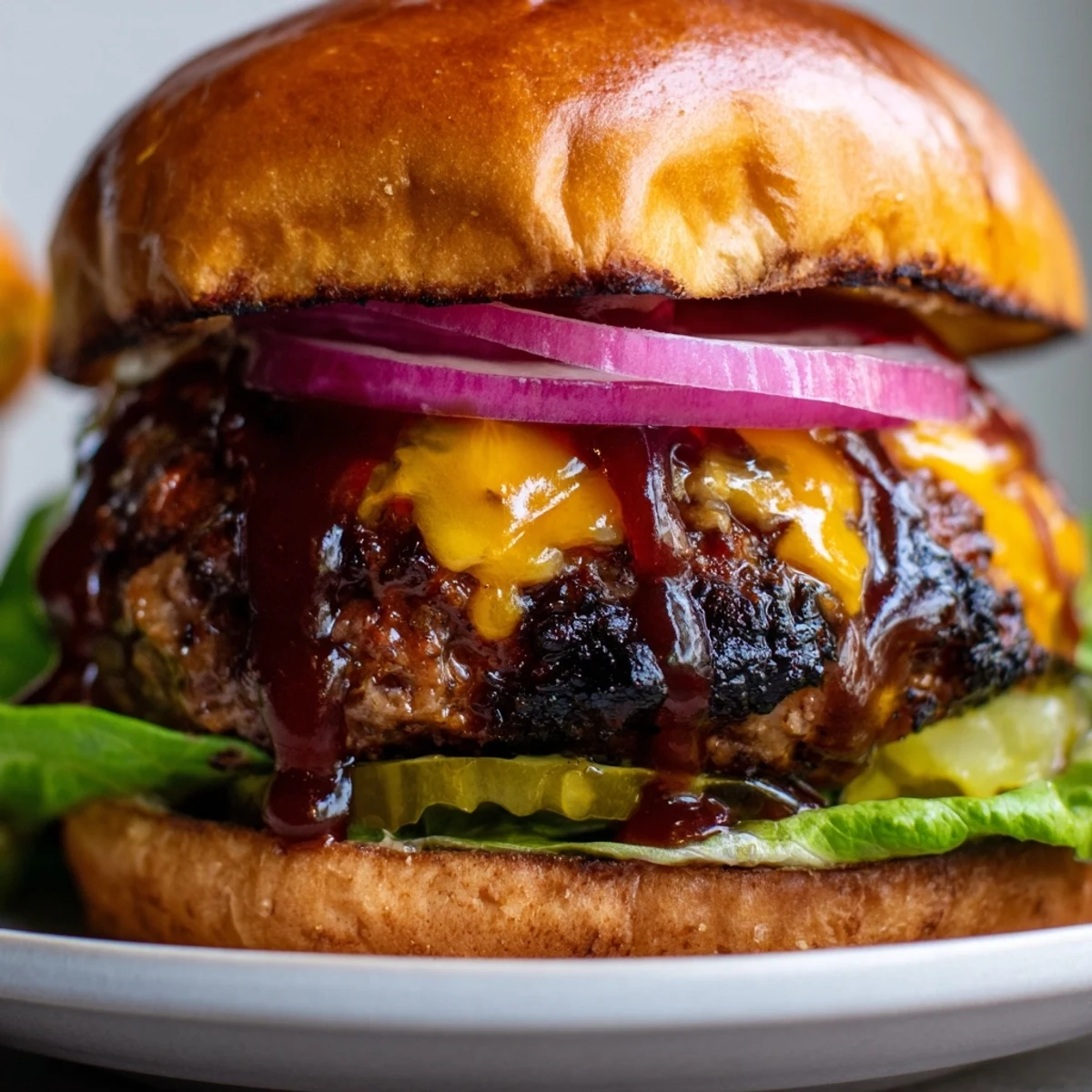 Coffee rub burgers topped with melted cheddar and dripping tangy BBQ sauce