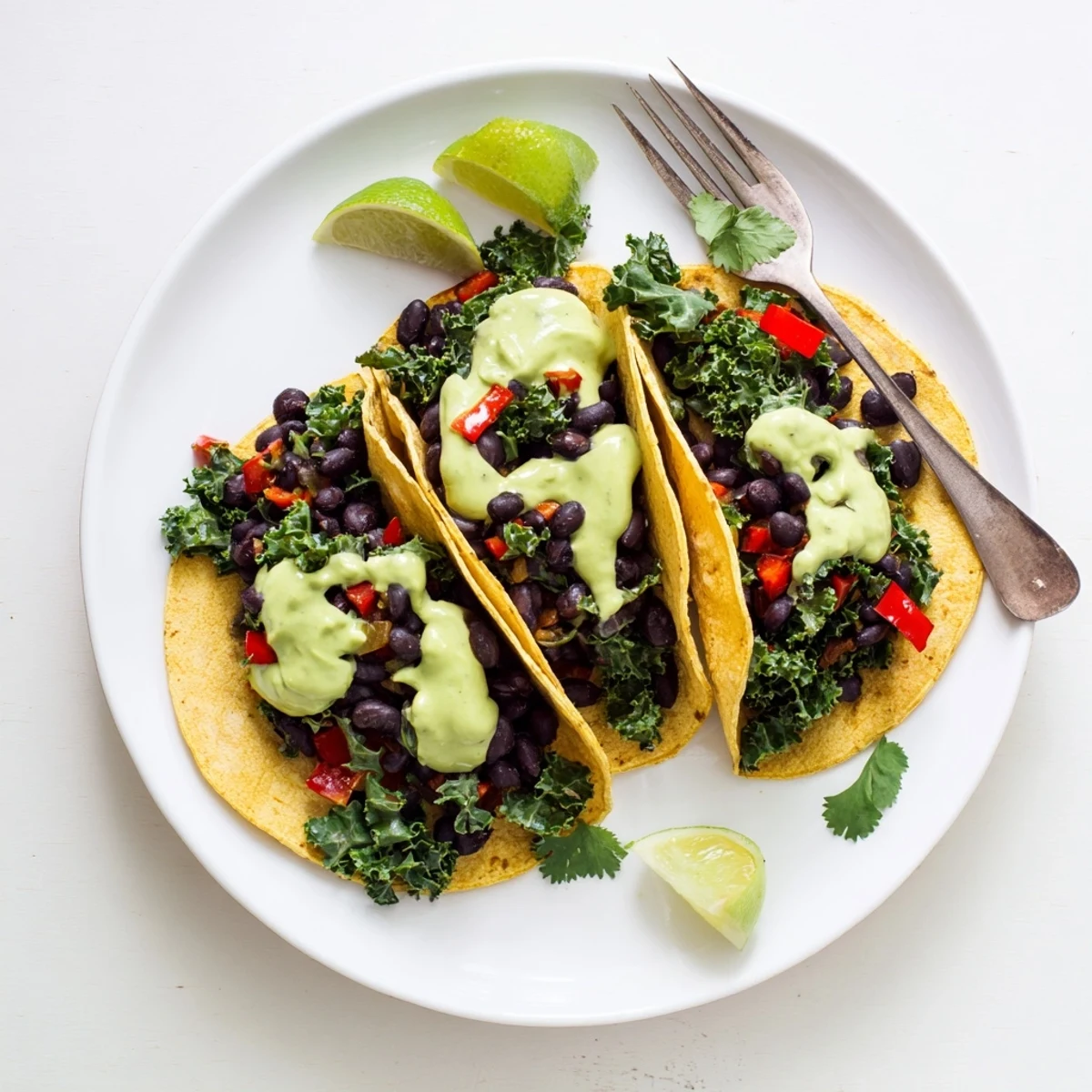 Warm corn tortillas loaded with smoky black bean kale filling and herbaceous avocado sauce