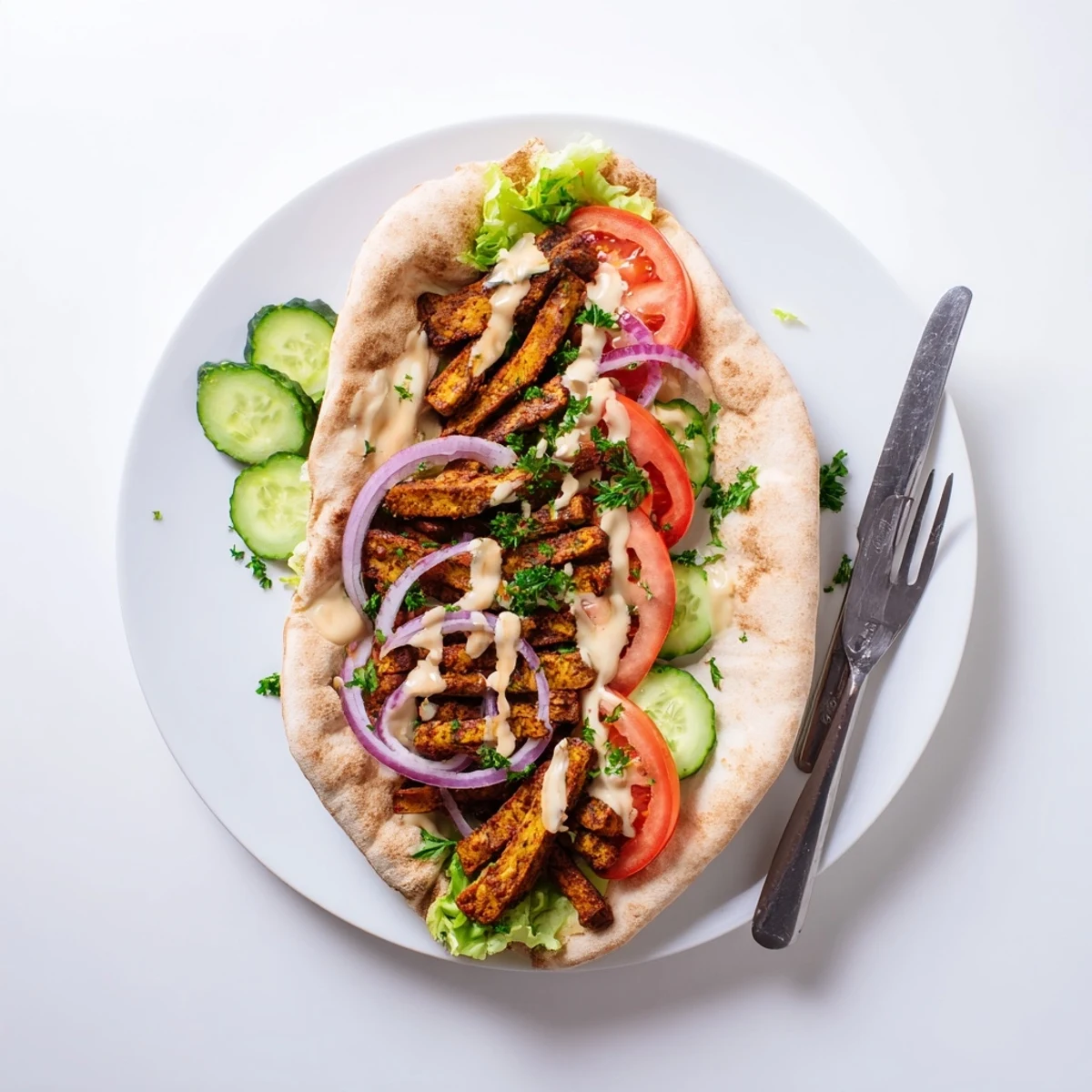 Golden tofu shawarma strips nestled in warm pita with fresh crisp vegetables and creamy tahini sauce