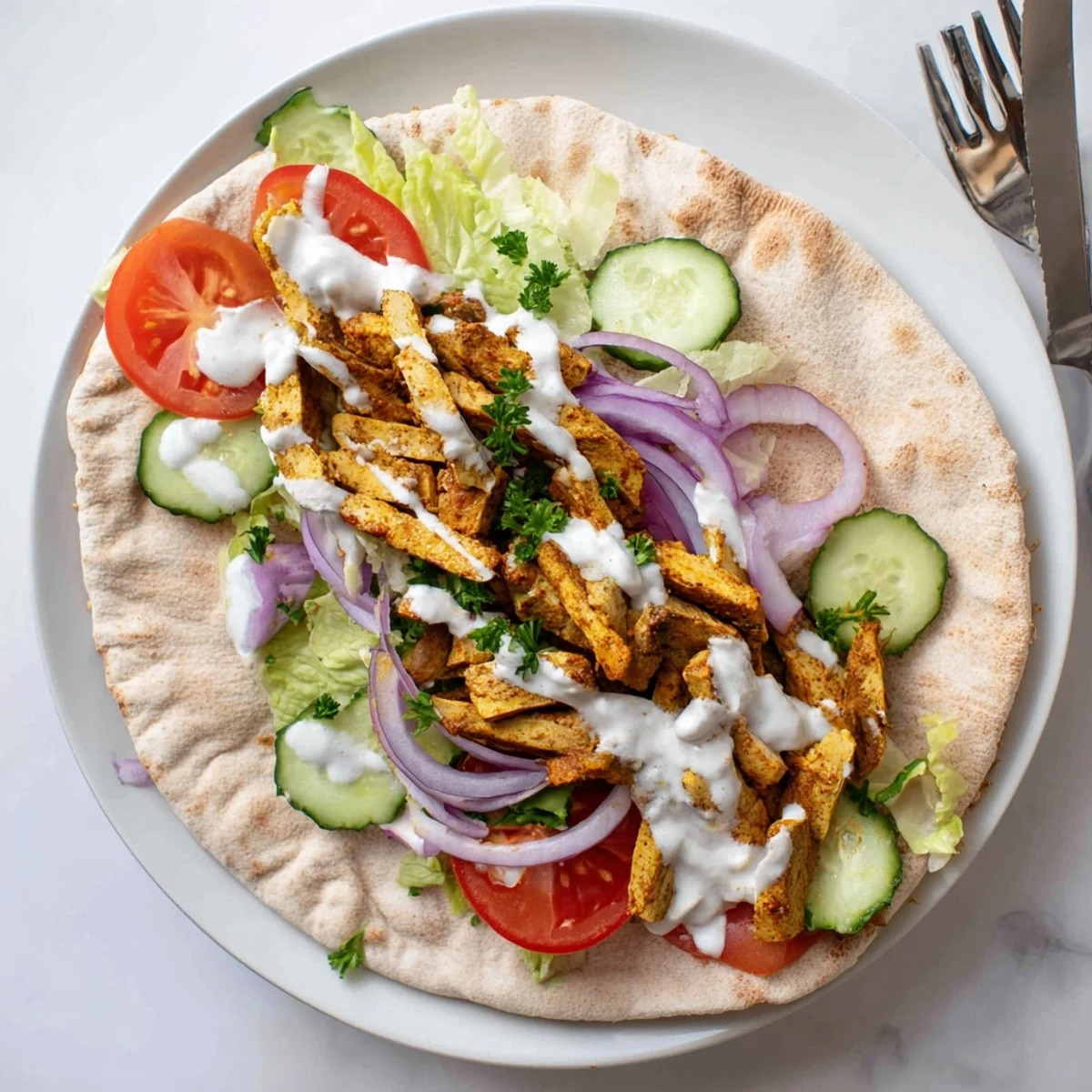 Spiced tofu shawarma wrapped in soft flatbread alongside juicy tomatoes cucumbers and drizzled tahini