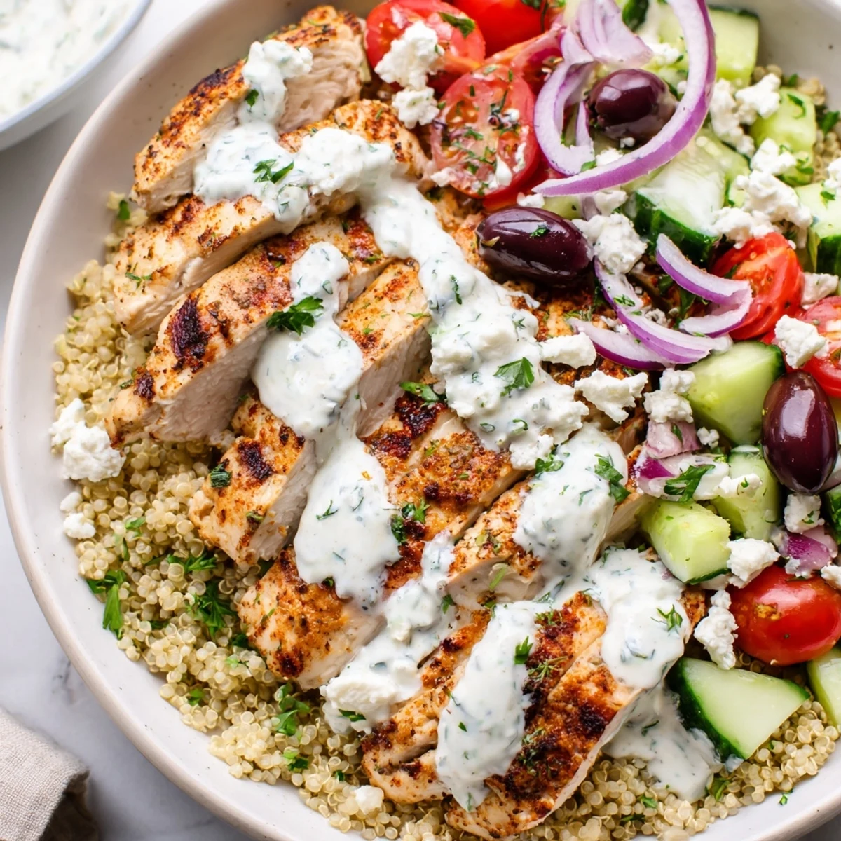 Colorful Greek Chicken Grain Bowl topped with juicy sliced chicken and fresh vegetables
