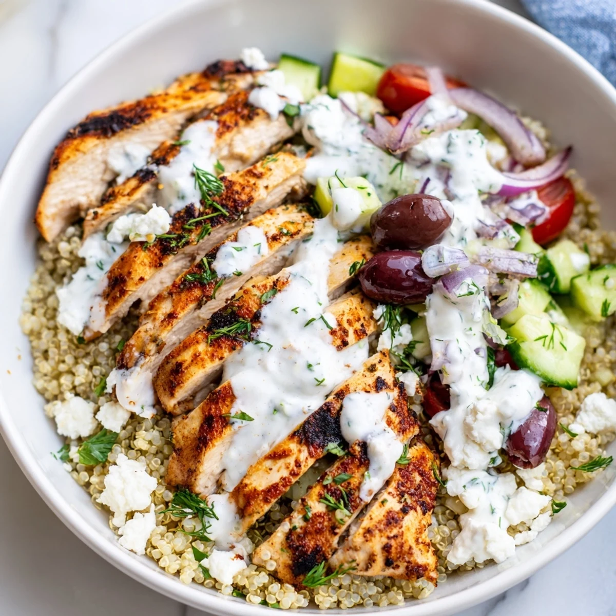 Golden seared Greek Chicken Grain Bowl drizzled with cool, creamy tzatziki sauce
