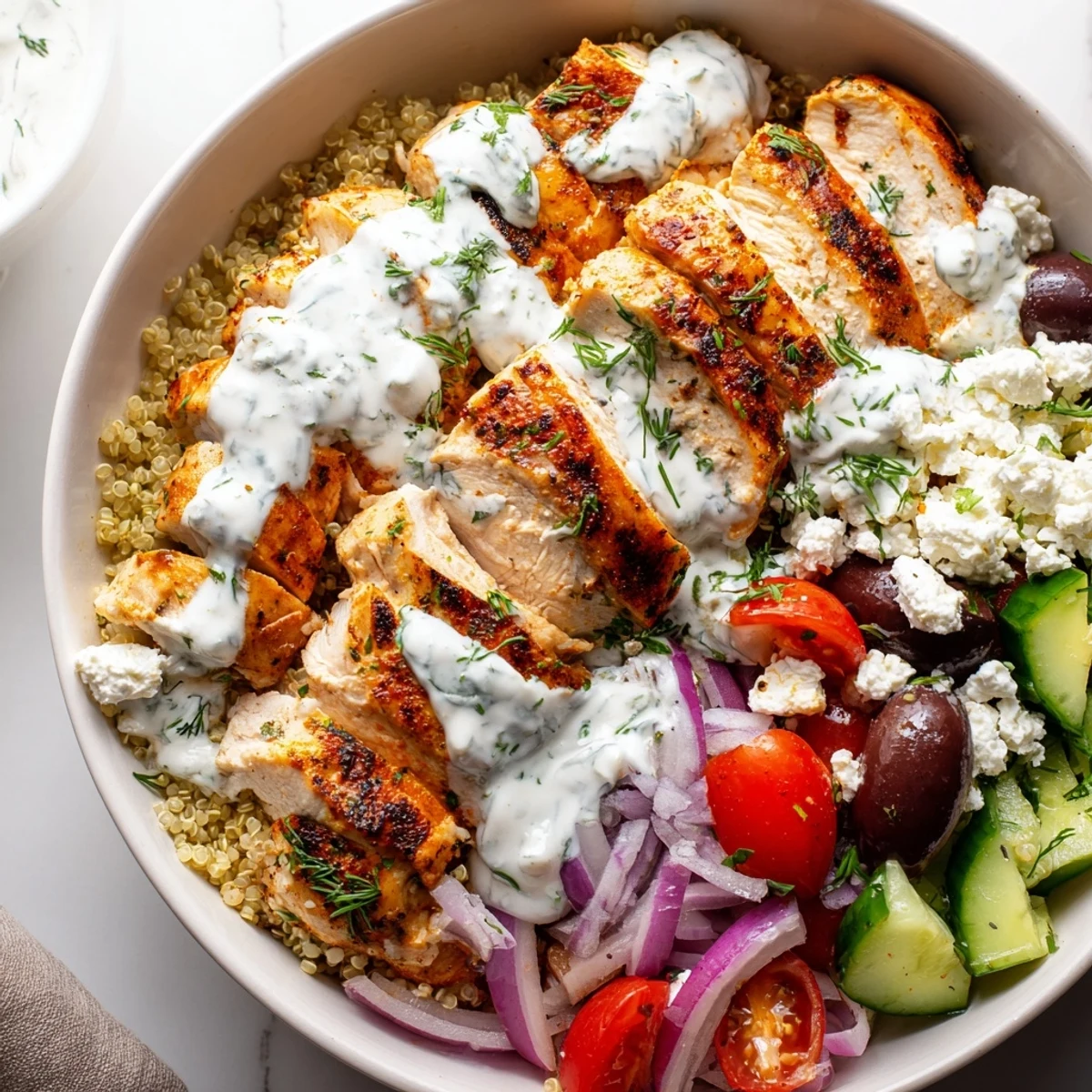 Steaming Greek Chicken Grain Bowl loaded with feta, olives, and bright Mediterranean veggies