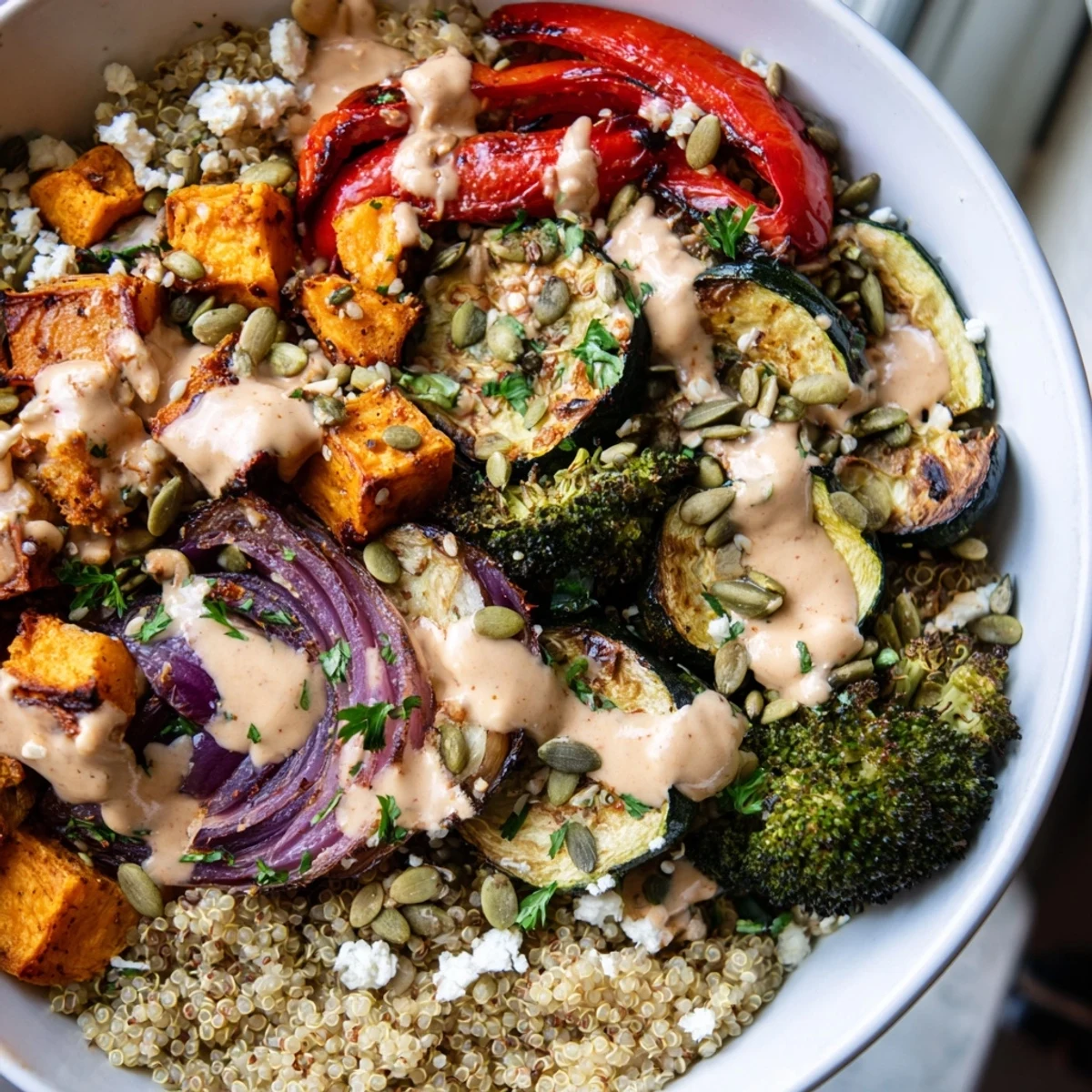 Colorful grain bowl with roasted vegetables drizzled with creamy tahini dressing