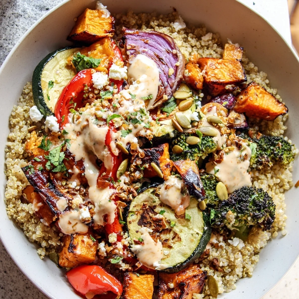 Grain bowl with roasted vegetables topped with pumpkin seeds and fresh herbs
