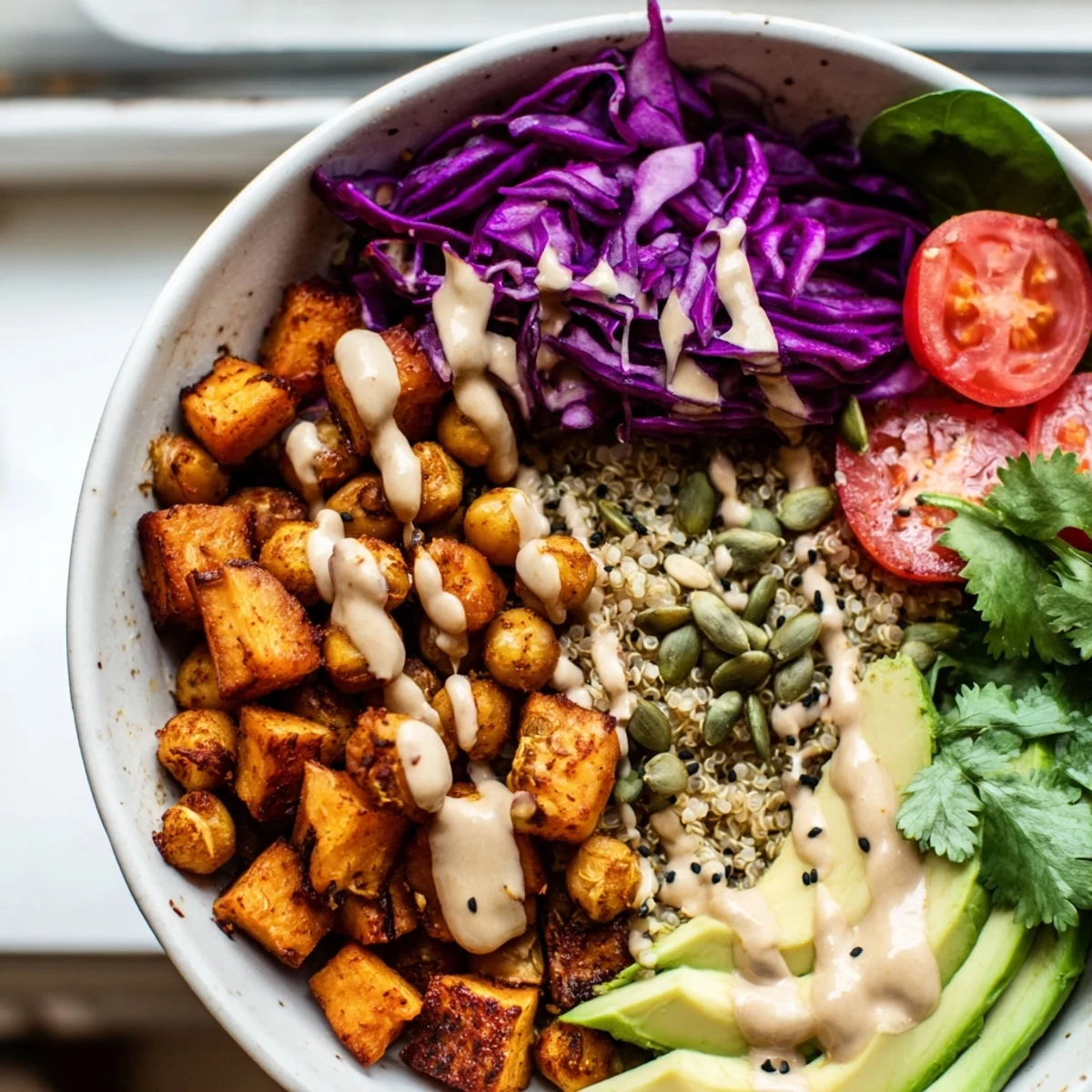 Colorful Buddha Bowl with roasted sweet potatoes, crispy chickpeas, and creamy tahini dressing