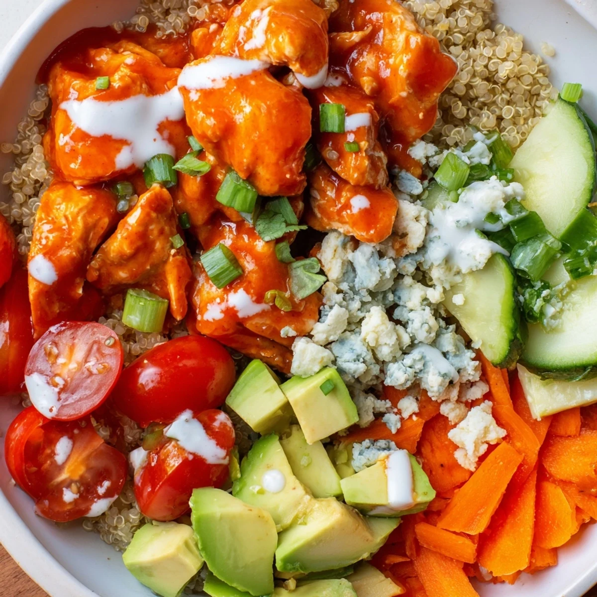 Spicy buffalo chicken grain bowl topped with crisp veggies and creamy ranch drizzle