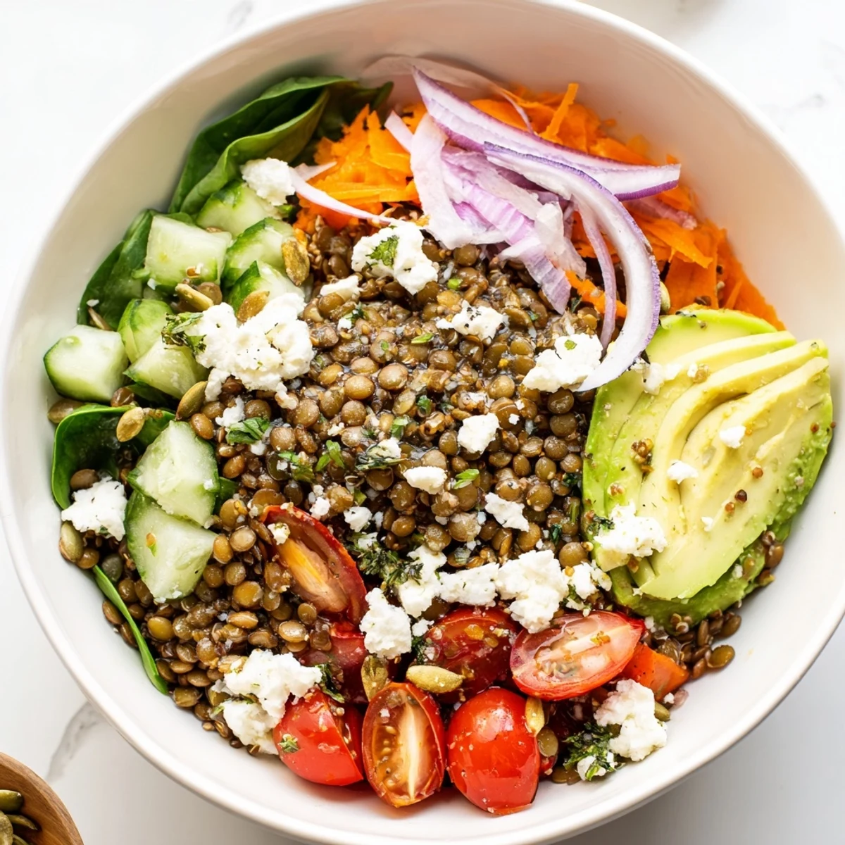Hearty lentil grain bowl served in a rustic dish with toasted pumpkin seeds and crumbled feta