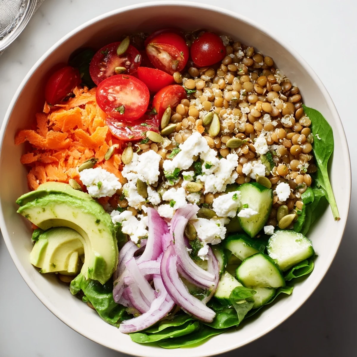 Vibrant lentil grain bowl featuring tender quinoa, shredded carrots, and a bright lemon mustard drizzle