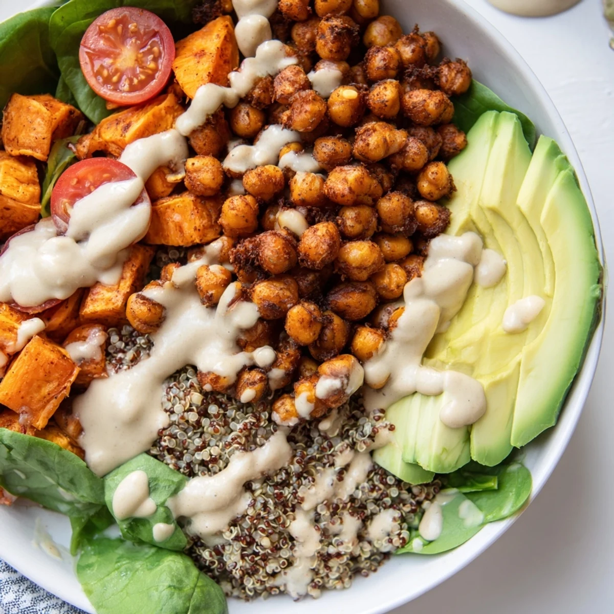 Colorful sweet potato bowl with roasted chickpeas, avocado, and creamy tahini dressing