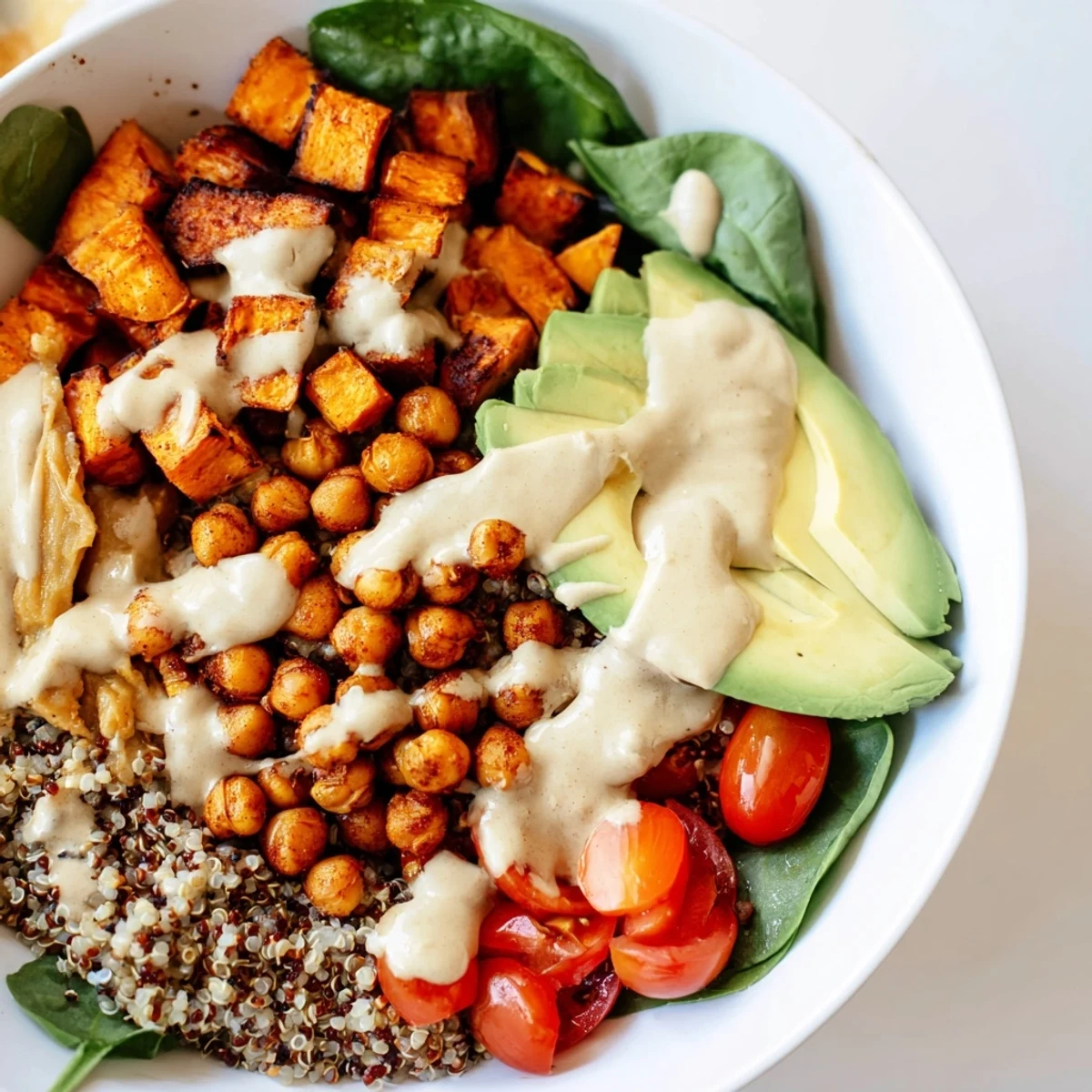 Golden roasted sweet potato bowl topped with fresh vegetables and tangy tahini sauce