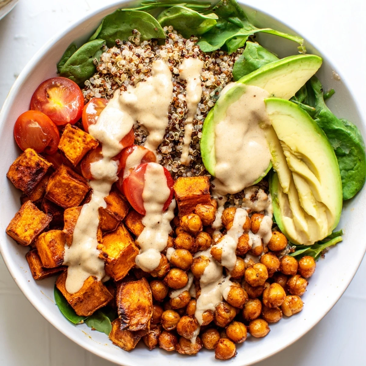 Hearty sweet potato bowl served over spinach with drizzled tahini and sliced avocado