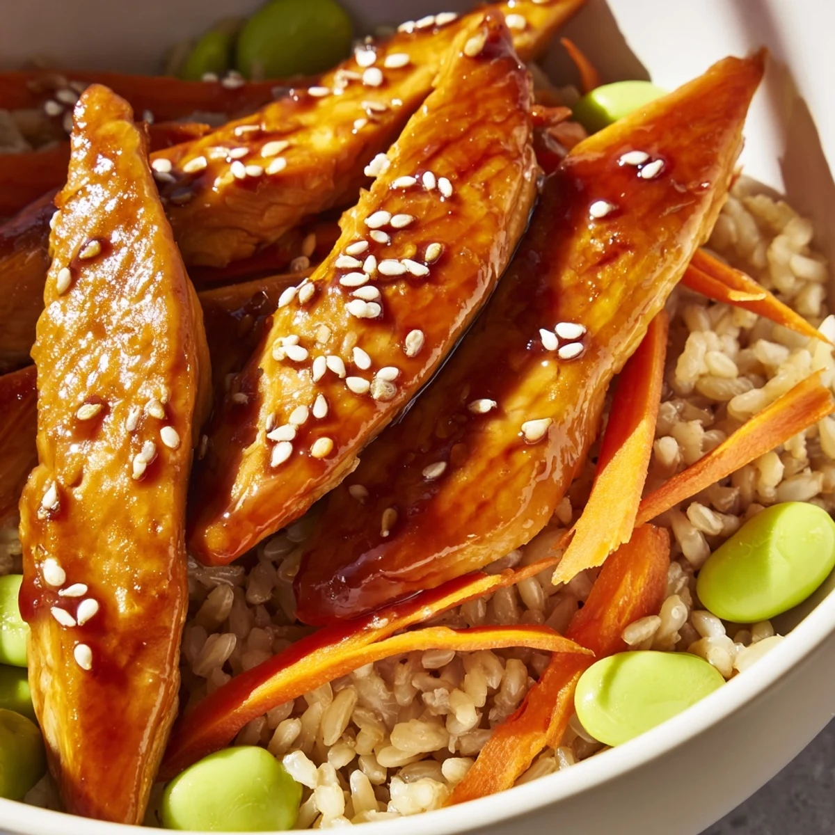 Glossy teriyaki chicken grain bowl topped with fresh avocado and sesame seeds