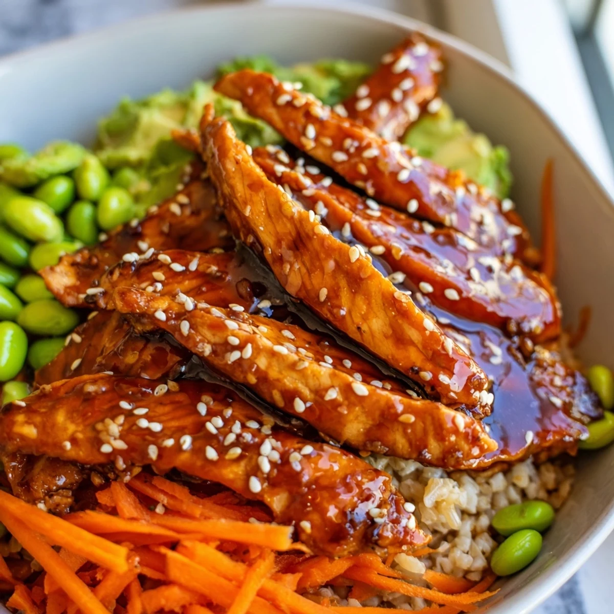 Juicy teriyaki-glazed chicken served over brown rice with crisp julienned vegetables