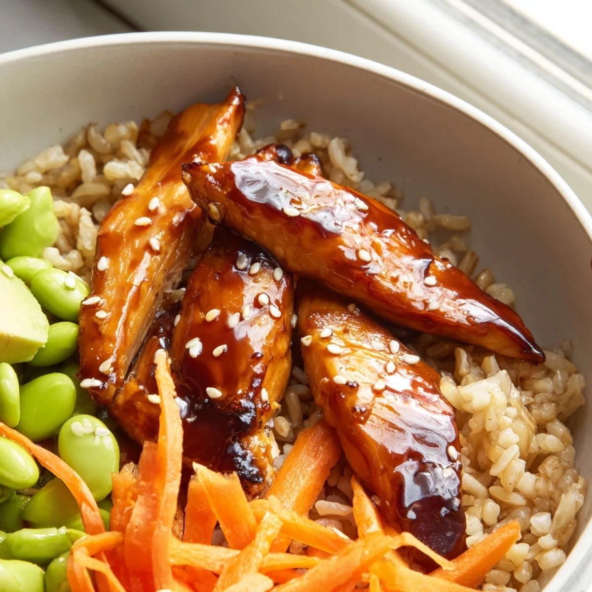 Colorful teriyaki chicken grain bowl garnished with microgreens edamame and sliced spring onions