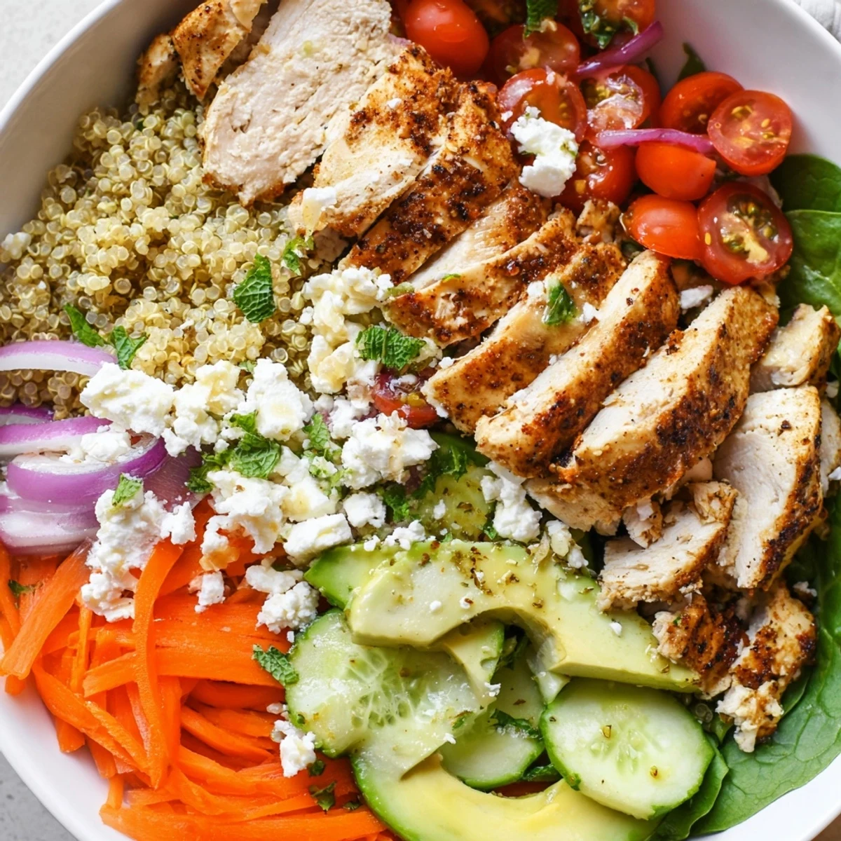 Tender grilled chicken grain bowl topped with colorful vegetables and zesty dressing
