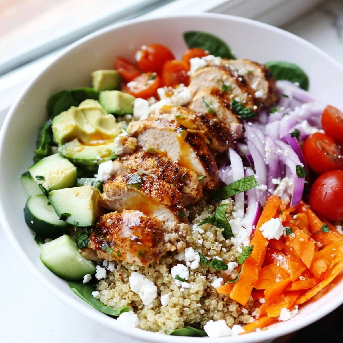 Hearty chicken grain bowl with avocado, spinach, and bright lemon herb drizzle