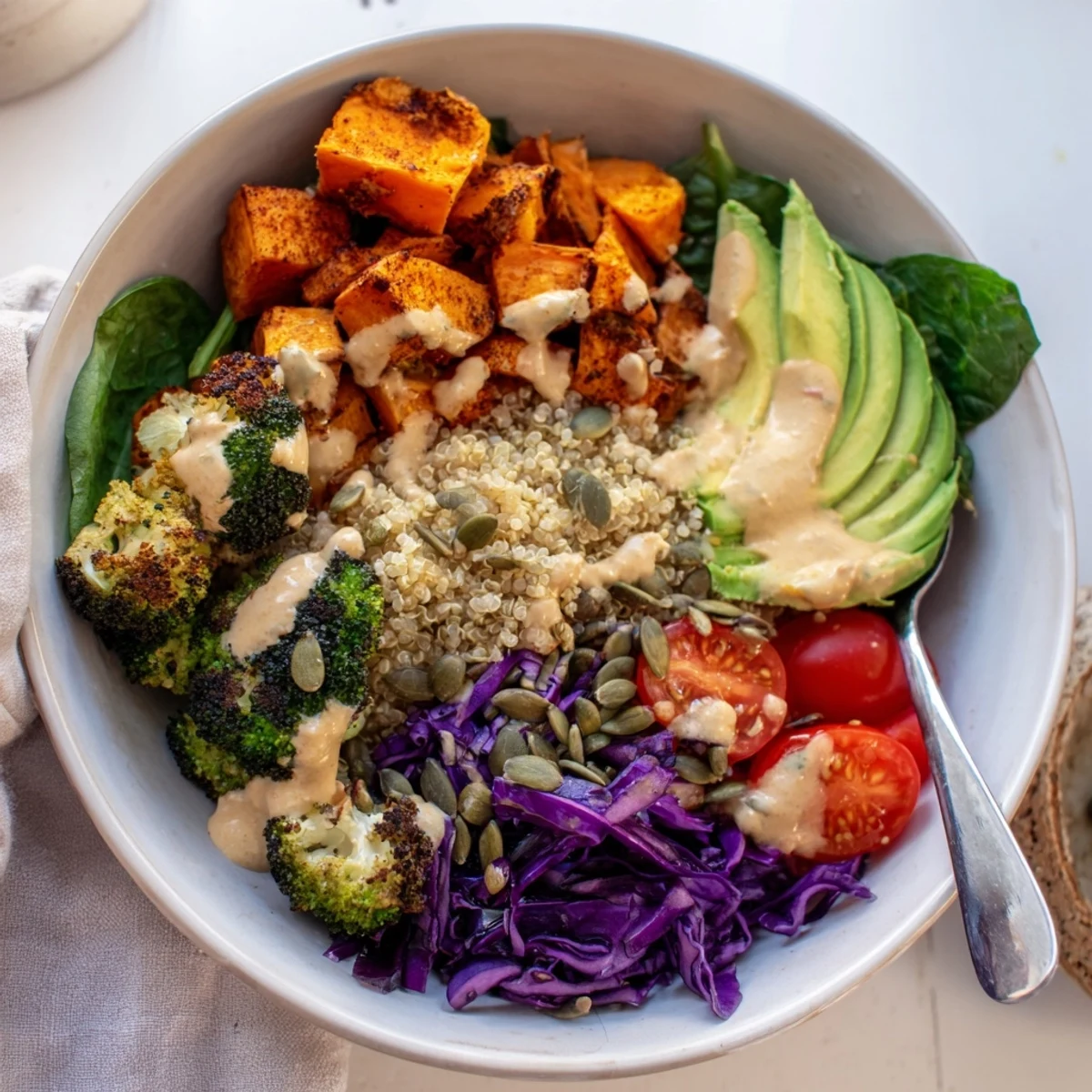 Colorful vegan Buddha bowl with roasted sweet potato, fluffy quinoa, and creamy tahini drizzle