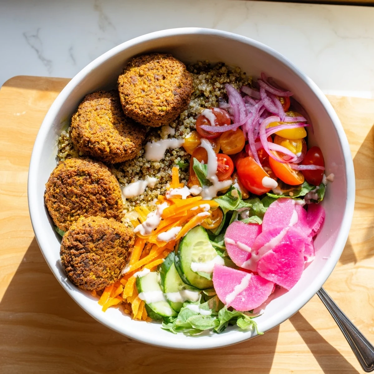 Crispy falafel grain bowl loaded with colorful vegetables and creamy tahini drizzle