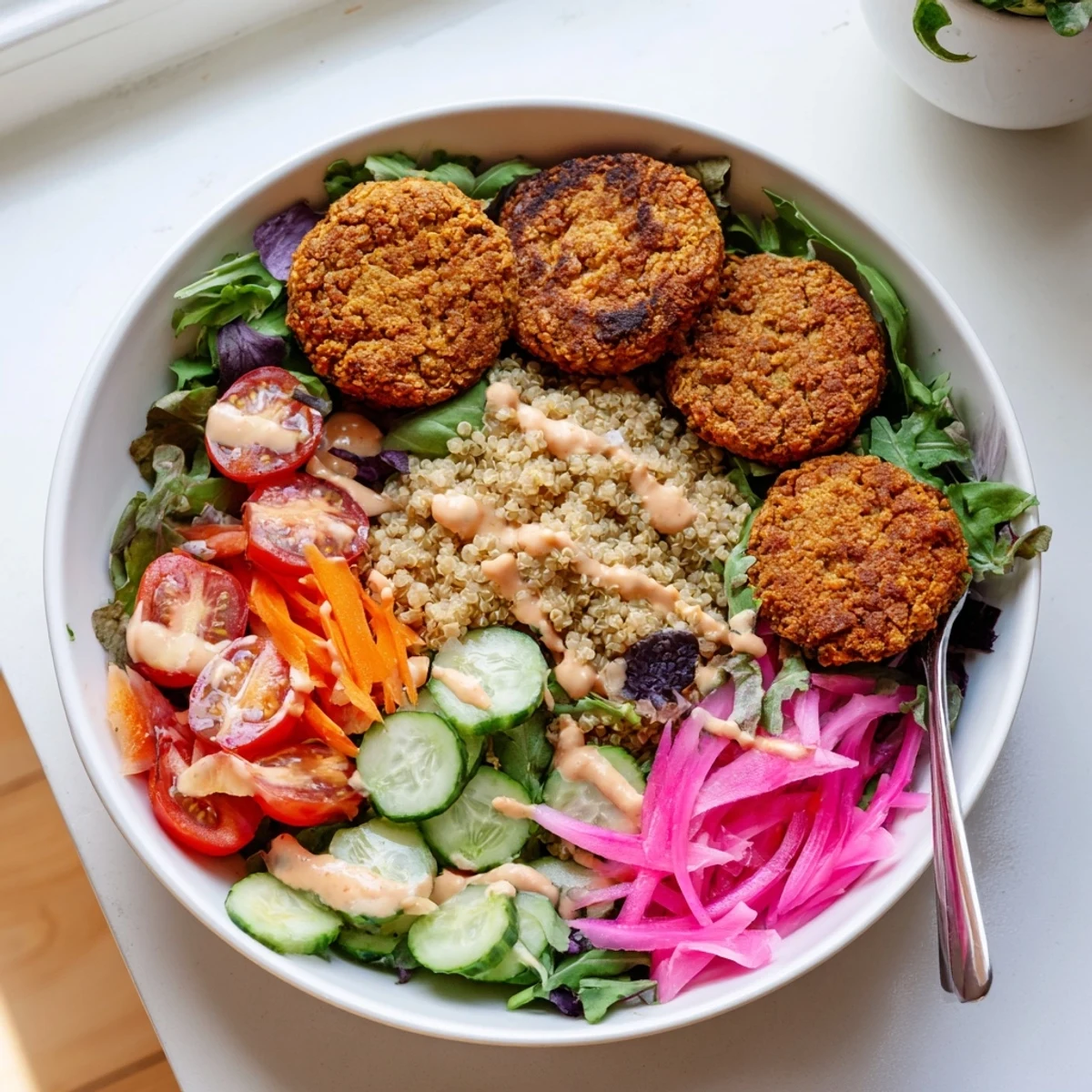 Golden pan-fried falafel resting on fluffy quinoa with shredded carrots and fresh greens