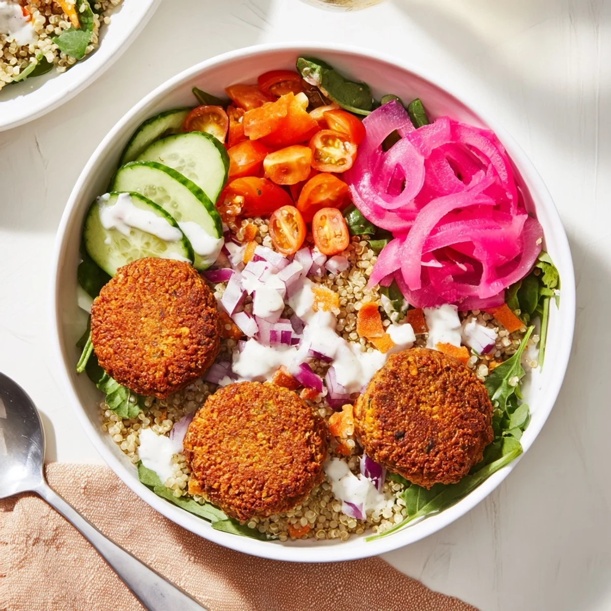 Warm falafel grain bowl topped with juicy tomatoes, diced cucumber, and tangy tahini sauce