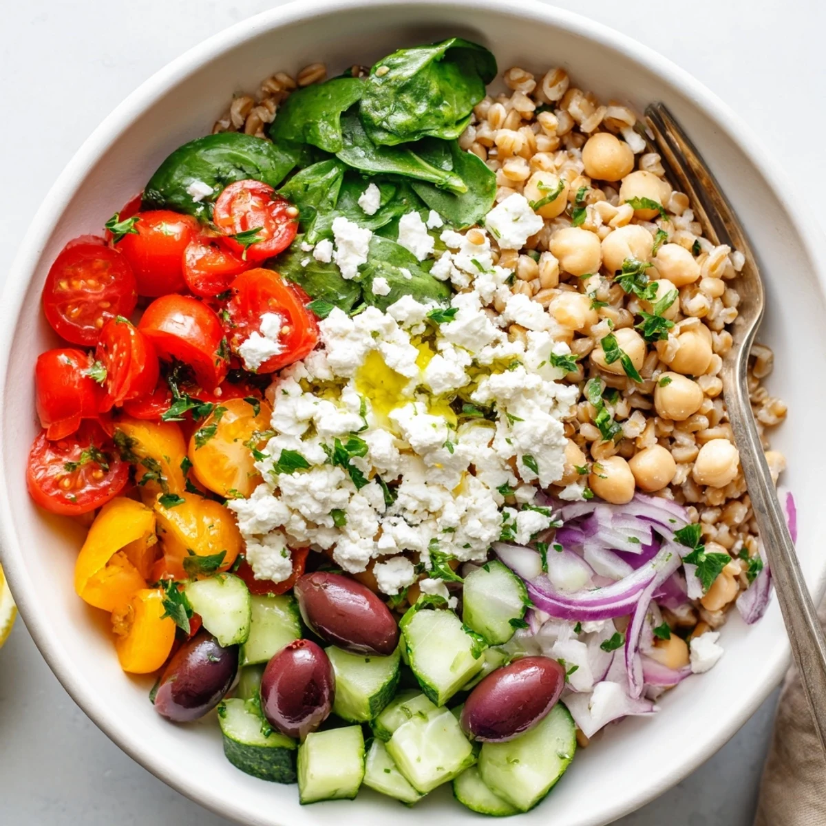 Warm Mediterranean grain bowl arranged with fresh cucumber, cherry tomatoes, olives, and leafy greens